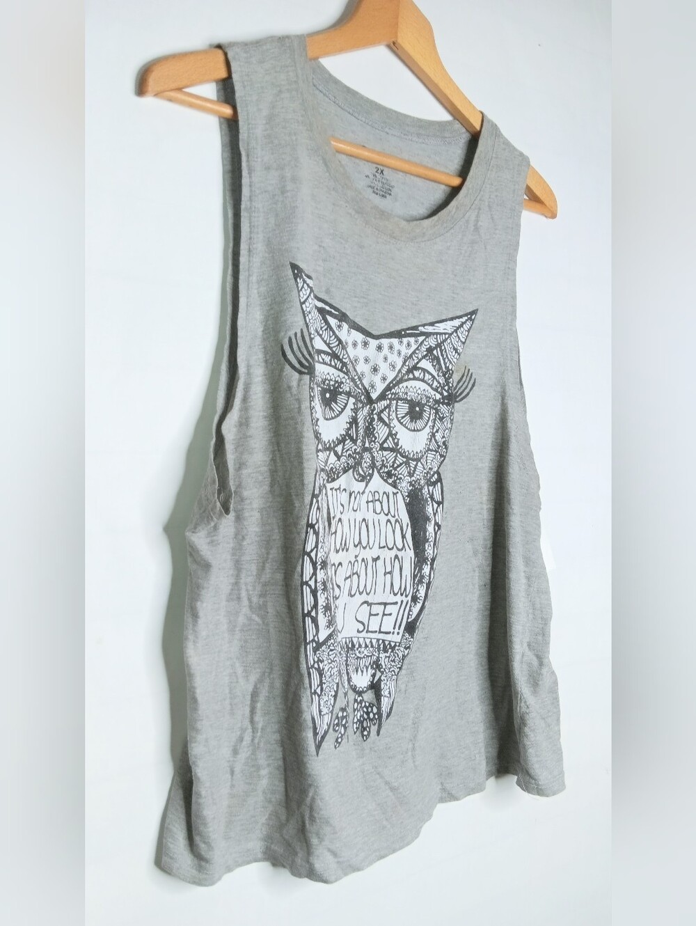 On Fire 2XL Gray Tank Top Owl Graphic Print Stretch Womens - Picture 2 of 6